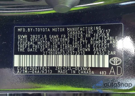 2018 Toyota Corolla Le из США, поврежденный, VIN 2T1BURHE0JC973310